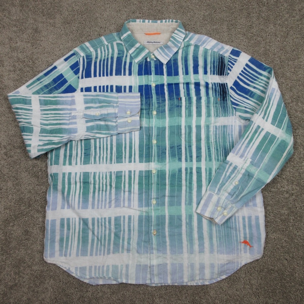 Tommy Bahama Shirt Mens XL Blue Green Linen Beach Printed Vacation Button Up
